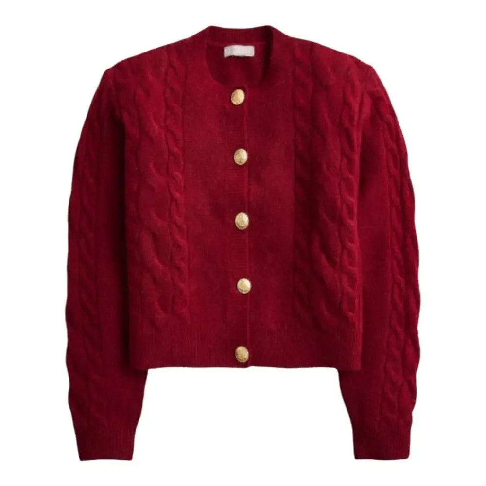 J. Crew Cable Knit Cardigan Gold Button Wool Blend Merlot Small